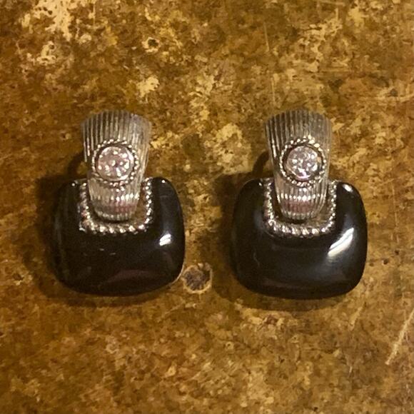 Judith Ripka Earrings Sterling Silver, CZ & Black Onyx Door Knockers Omega Backs - Picture 5 of 11